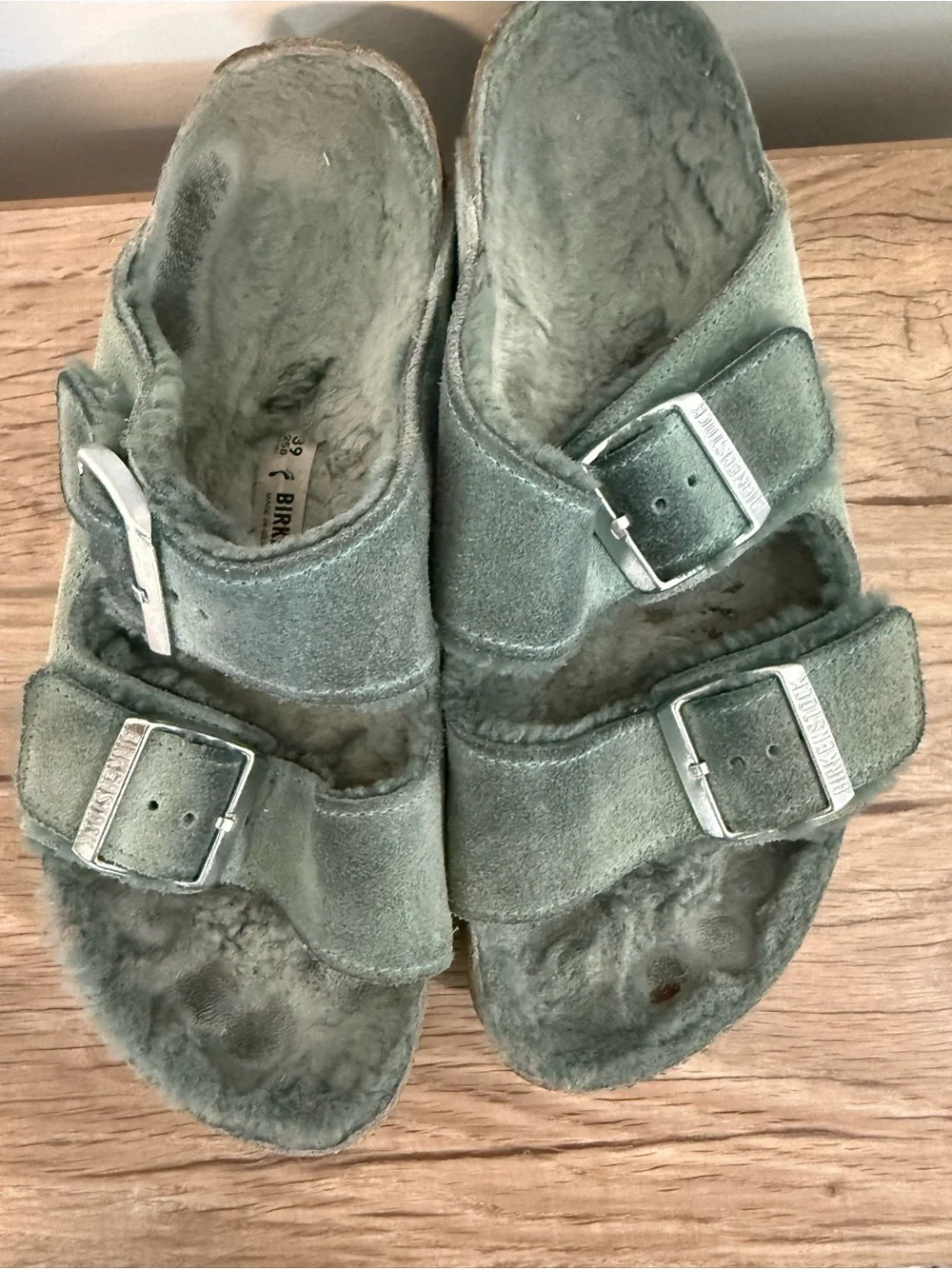 Birkenstock Teal Suede Two-Strap Plush Footbed Sandals